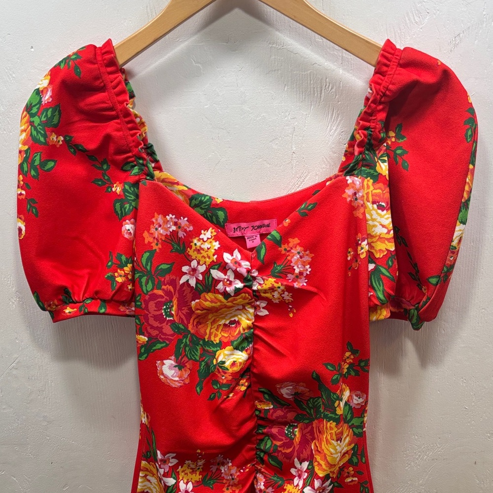 Betsey Johnson Red Fire Flower Milkmaid Mini Dress Floral Puff Sleeve Ruched Y2K - Picture 3 of 8
